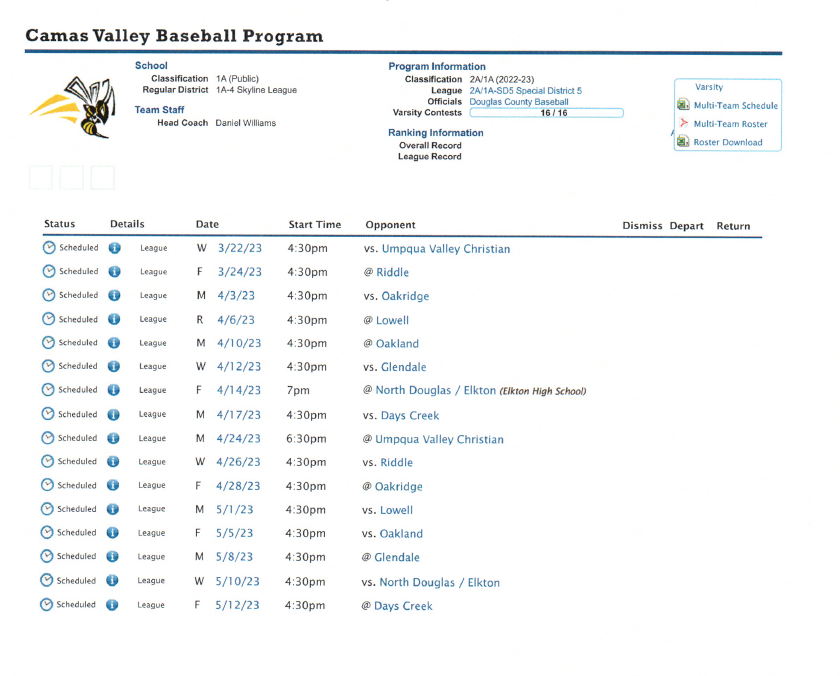 HS Baseball MS Track Schedule